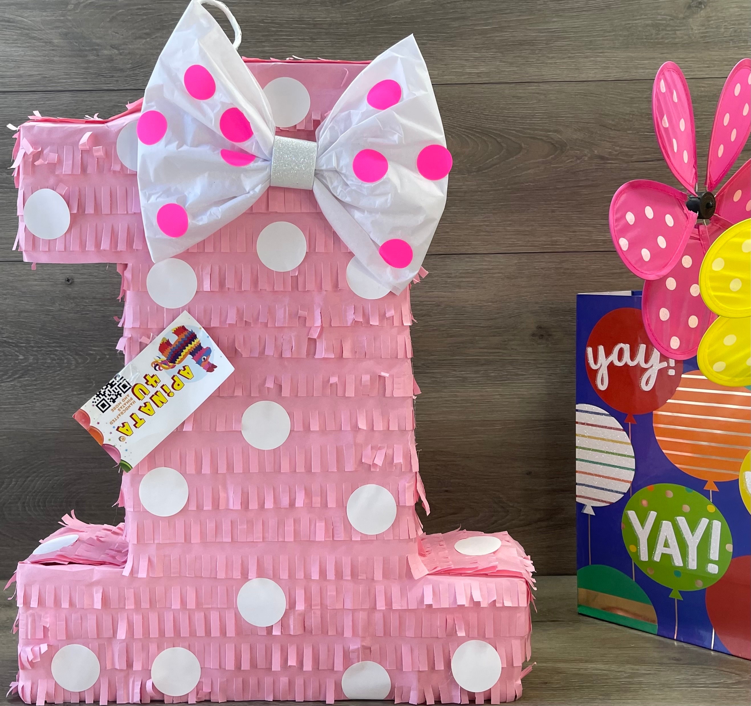 Number One Pink Pinata for First Birthday Party Princess Theme Pink & White Color with Bow, Party Supplies for 1st Birthday Party Decoration