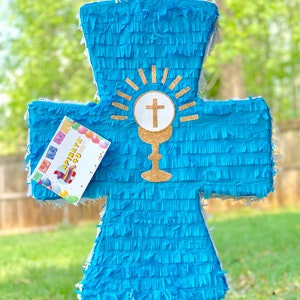 Sale! Ready To Ship! Cross Pinata Blue Color with Gold Color Accent Easter Sunday Party Decoration Religious My Baptism My First Communion
