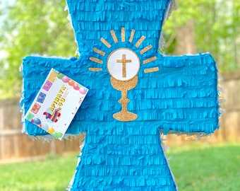 Sale! Ready To Ship! Cross Pinata Blue Color with Gold Color Accent Easter Sunday Party Decoration Religious My Baptism My First Communion