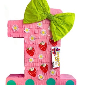 Number One Pinata with Bow, Strawberry Theme Pinata for First Birthday Celebration, Fiesta Party Decorations, Kids Party Supplies, 20 Inches