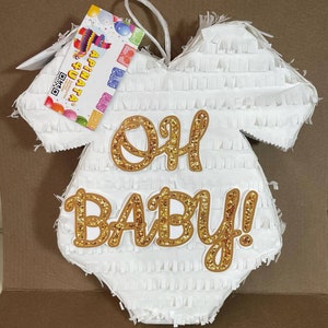 Sale! Ready to Ship! Baby Onesie Pinata For Gender Reveal Oh Baby Theme Gold Accent What will our Baby be? He or She Pull Strings