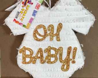 Sale! Baby Onesie Pinata For Gender Reveal Oh Baby Theme Gold Accent What will our Baby be? He or She Pull Strings