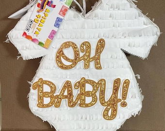 Sale! Baby Onesie Pinata For Gender Reveal Oh Baby Theme Gold Accent What will our Baby be? He or She Pull Strings