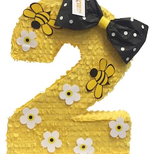 Yellow Number Two Piñata Bumblebee Theme with Flowers Second Birthday