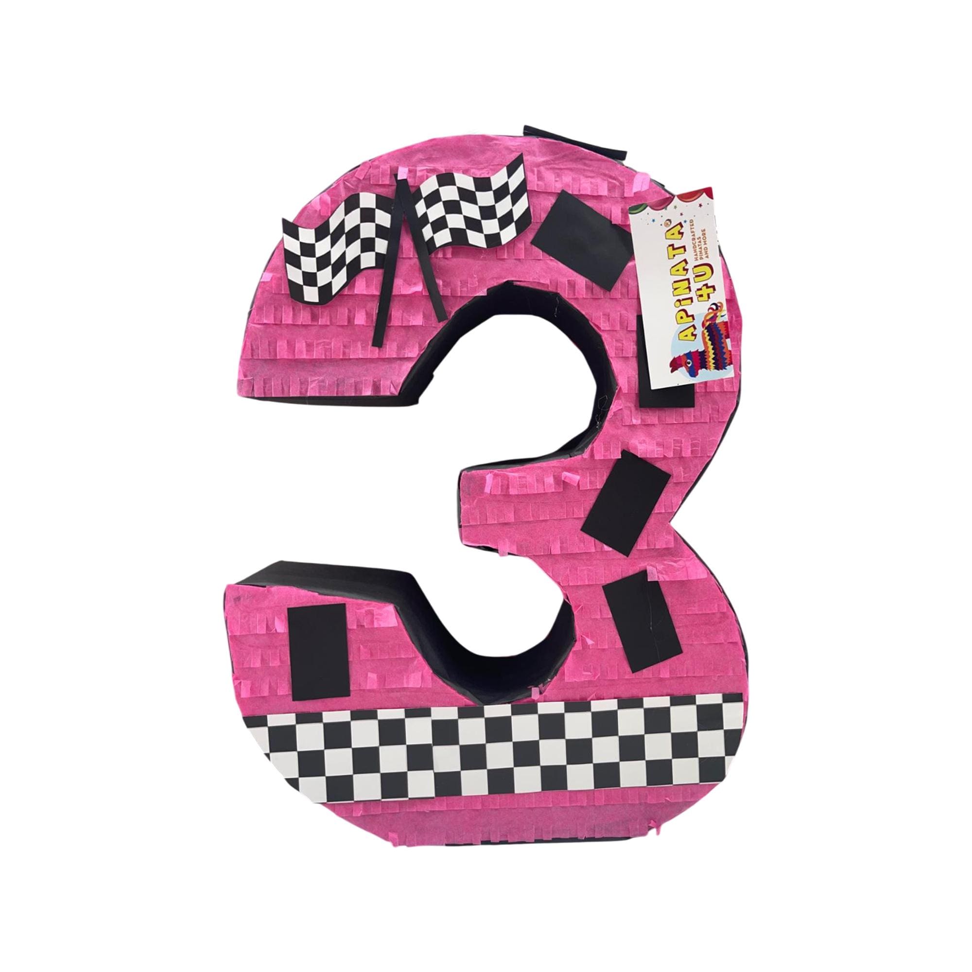 Number Three Pinata, Black Checkered Flag for 3rd Birthday Party