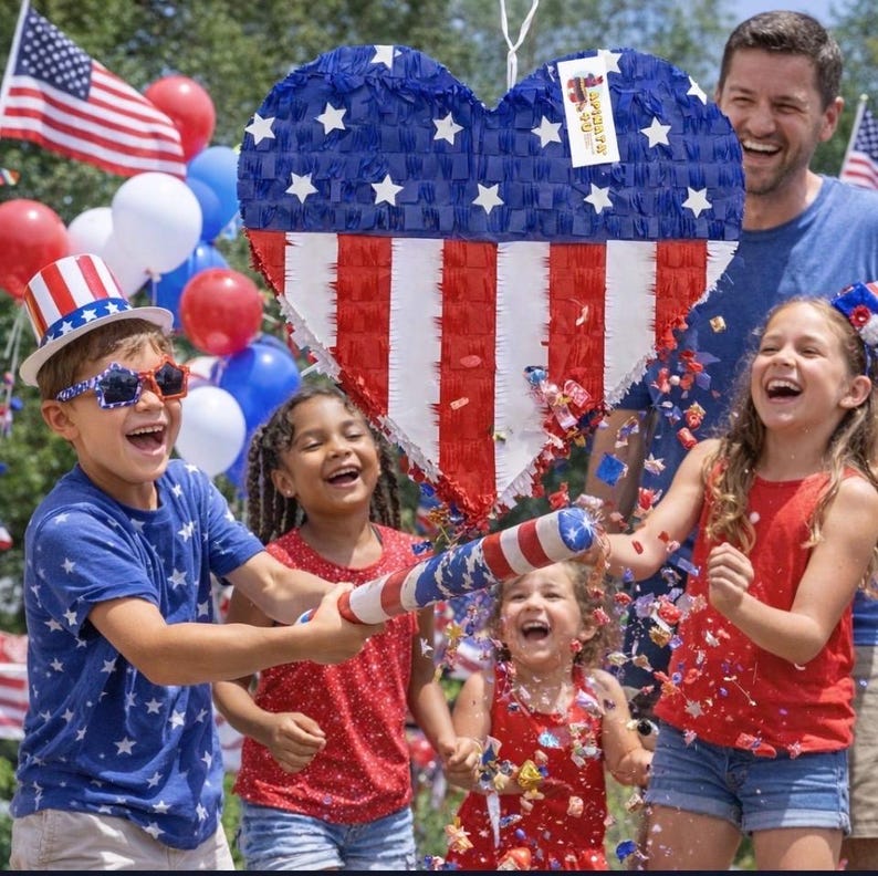 May include: A heart-shaped pi&ntilde;ata with a red, white, and blue American flag design is being broken open by a group of children. Confetti is flying everywhere. The children are wearing patriotic clothing and accessories.