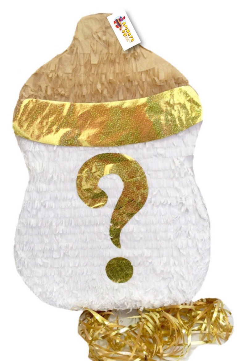 Gender Reveal Baby Bottle Traditional or Pull Strings Pinata Gold Question Mark