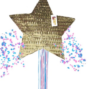 May include: A gold star-shaped pinata with blue and pink streamers and confetti. The pinata has a label that says "Fiesta Party Supplies".