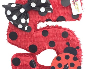 Sale! Number Five Pinata Red & Black Polka Dots Ladybug Pinata Fifth Birthday Party Supplies Decoration 5th 6th 7th 8th 9th 10th Teens