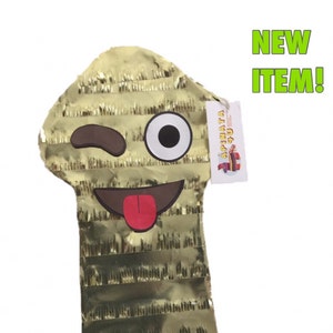 May include: Gold pinata shaped like a winking emoji with a tongue sticking out. The pinata has a black eye, brown eyebrow, and red tongue. The pinata has a tag that says "APINATA 4 U".