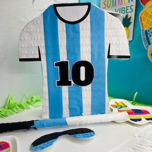 Sale! Soccer Jersey Pinata White & Blue Argentina Soccer VIP Player Soccer Birthday Party Supplies Decoration with stick and Blindfold
