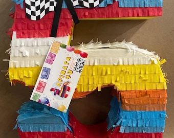 Multicolored Number Five Pinata, Car Race Wheel Accent Fifth Birthday & Race Track Decor, Wild Racer Start Your Engine Checkered Flag Pinata