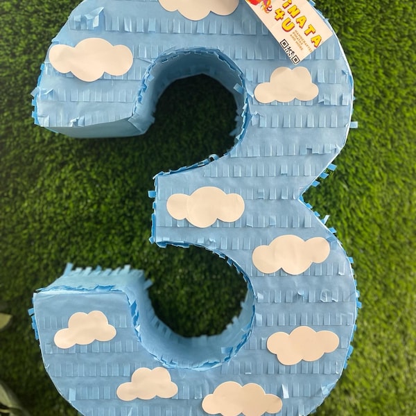20'' Tall New! Large Number Three Piñata with Clouds Accents