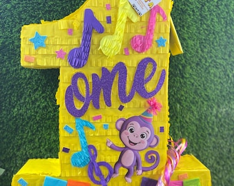 APINATA4U Musical Purple Monkey Number 1 Piñata  Yellow First Birthday Decoration