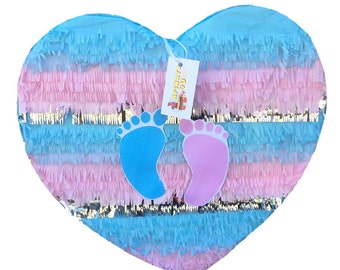 Gender Reveal Heart Pinata Footprints Theme Pull Strings or Traditional