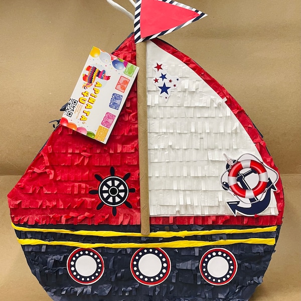 Sailboat Pinata Ahoy It’s A Boy! Sailor Themed Birthday Party Nautical Boat Pinata Sailor Gender Reveal Blue White Red Color Let’s Get Nauti