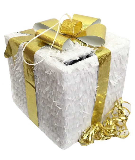 ¡Venta! ¡Listo para enviar! Caja de regalo blanca Piñata Lazo dorado