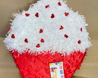 Valentine's Day Cupcake Pinata Red White Color With Glitter Hearts Accents Be Mine Themed Party Love