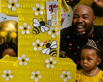 Yellow Number One Pinata Queen Bee Themed Bumblebee Party Supply and Decor, Kids First Birthday Party Decor, Gift for Kids on First Birthday