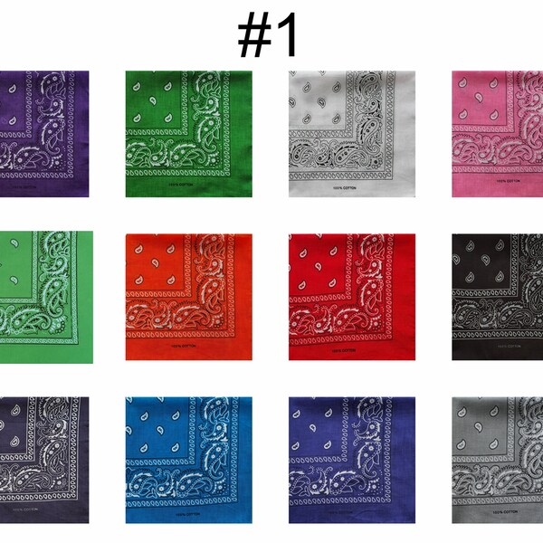 Pack- Lot of 12 or 6 Bandanas for Face Masks, Paisley Print,  Cotton Double Sided Exact Colours As Seen