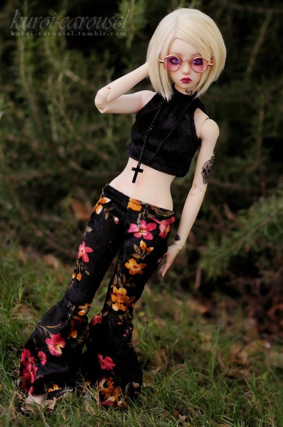 Black Velvet Floral Bell Bottoms / Pants Stretch Vintage 60s 70s Fashion Trendy Hippie Hipster bjd 1/4 1/3 SD13 msd Boy Girl Iplehouse mnf