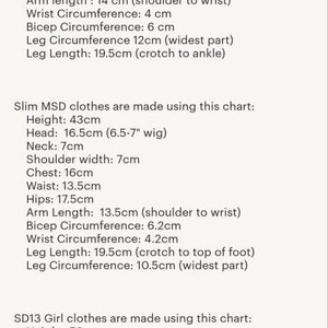 May include: A sizing chart for doll clothes, listing measurements in centimeters for different doll types, including Regular MSD, Iplehouse JID Girl, Slim MSD, SD13 Girl, and SD13 Boy. The chart includes measurements for height, head circumference, neck, shoulder width, chest, waist, hips, arm length, bicep circumference, wrist circumference, leg length, and leg circumference.