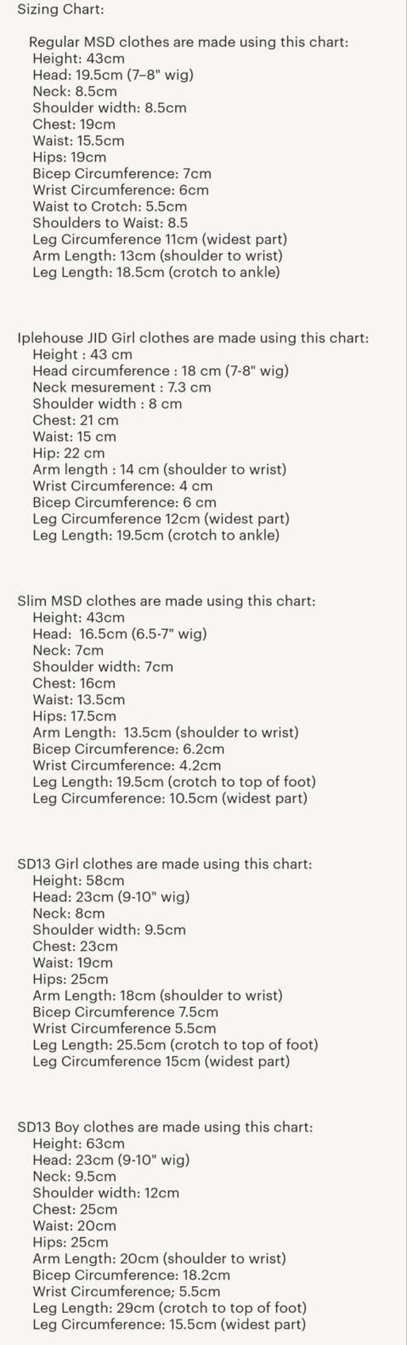 May include: A sizing chart for doll clothes, listing measurements in centimeters for different doll types, including Regular MSD, Iplehouse JID Girl, Slim MSD, SD13 Girl, and SD13 Boy. The chart includes measurements for height, head circumference, neck, shoulder width, chest, waist, hips, arm length, bicep circumference, wrist circumference, leg length, and leg circumference.