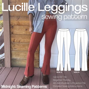 Könnte beinhalten: Ein Schnittmuster für Lucille Leggings mit zwei Ansichten: Ansicht A mit einem Schlitz am unteren Ende jedes Beins und Ansicht B mit einem geraden Saum. Das Schnittmuster ist für Hüften bis 160 cm geeignet und enthält Anweisungen zum Nähen.