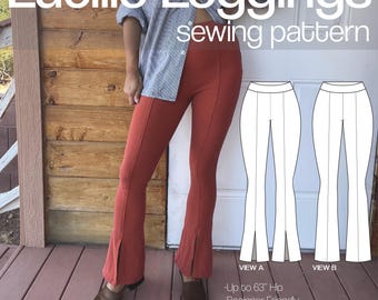 Lucille Leggings PDF Sewing Pattern | Sizes 0-34 | High Waist | Split Hem Detail | Stretch Knit Pants