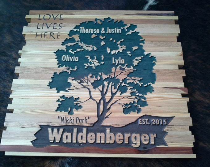 Anniversary Family Tree featuring Family Names and a variety of Woods for that Cottage look.