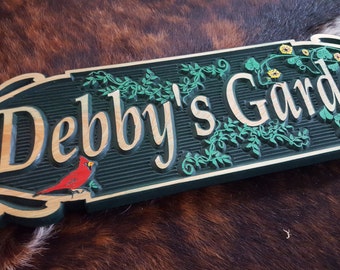 The Garden Sign - Highlighted by Vines, flowers and a Red Bird - Gardening Carved wood Sign Hand painted Original design