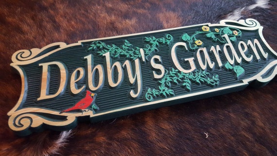The Garden Sign - Highlighted by Vines, flowers and a Red Bird - Gardening Carved wood Sign Hand painted Original design