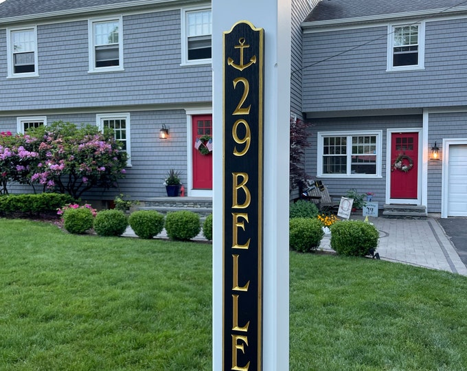 Personalized Vertical Welcome Marker Carved Wood Features Country Farmhouse Hand Painted Original Design Made USA (38" High x 3 1/2" Wide)