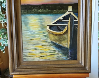 Sunset Boat - A very realistic original Oil painting of a wooden boat on a leisure lake