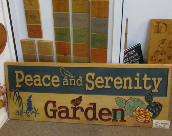 Peace and Serenity Garden Carved Wood Sign - Hand painted Original Design Made in USA