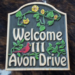 Colorful Address or Welcome Sign - Highlighted by Vines, flowers and a Red Bird - Carved wood Sign Hand painted Original design