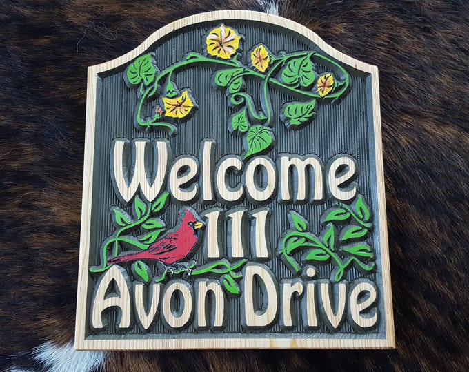 Colorful Address or Welcome Sign - Highlighted by Vines, flowers and a Red Bird - Carved wood Sign Hand painted Original design