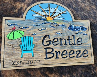 Personalized Beach House  or Island House Carved Wood Sign - Chair - Umbrella - Red Bird