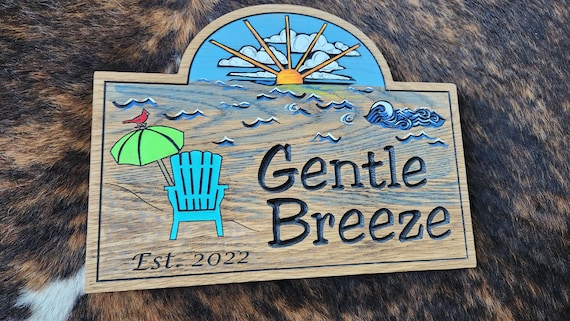 Personalized Beach House  or Island House Carved Wood Sign - Chair - Umbrella - Red Bird