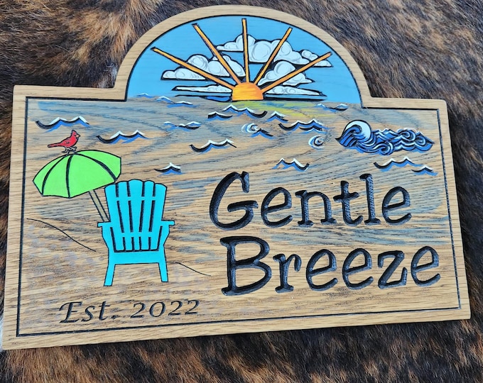 Personalized Beach House  or Island House Carved Wood Sign - Chair - Umbrella - Red Bird