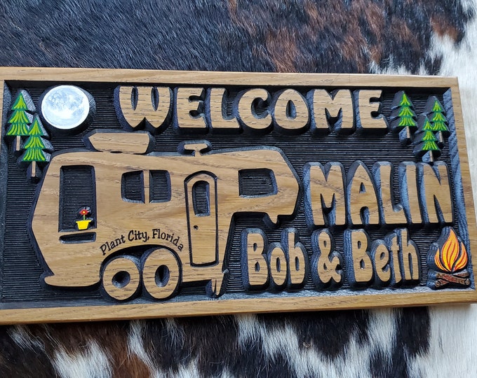 5th Wheel RV Sign - Camping Life is Good - Carved Wood Hand Painted - Made in USA - Glamping