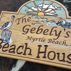 Personalized Beach House  or Island House Carved Wood Sign - Pelican