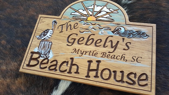 Personalized Beach House  or Island House Carved Wood Sign - Pelican