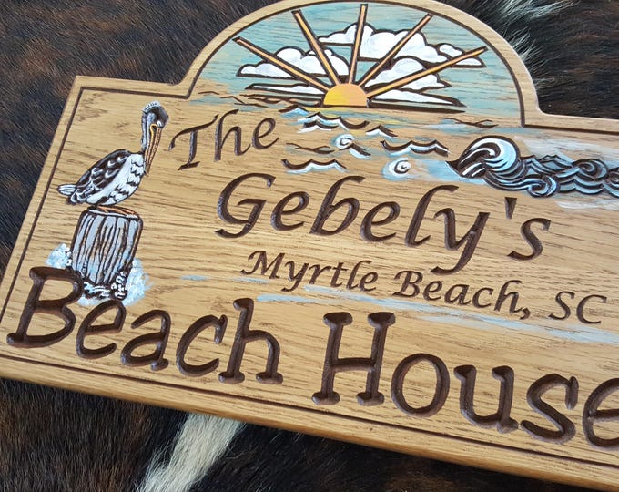 Personalized Beach House  or Island House Carved Wood Sign - Pelican