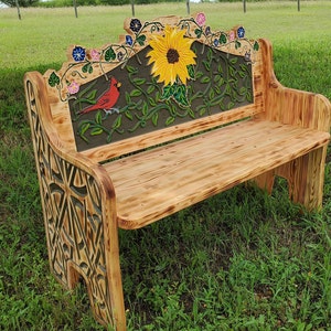 Red Bird / Sunflower Garden or Porch Bench - Carved Pine Wood - Country Farmhouse - Rustic Ranch Decor - Hand painted - Original Design