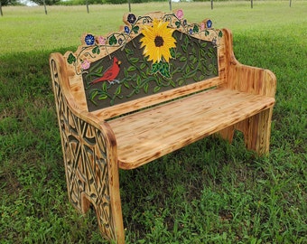 Red Bird / Sunflower Garden or Porch Bench - Carved Pine Wood - Country Farmhouse - Rustic Ranch Decor - Hand painted - Original Design