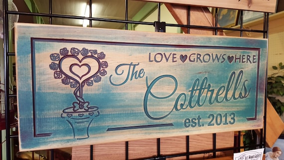 Love Grows Here - Anniversary Art Decor  or Tiny House Sign Carved wood Hand painted Customized Made in USA Country Farmhouse Style