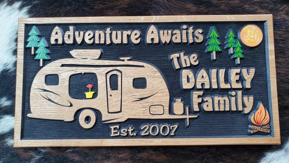 Personalized Bumper Pull Camper Sign - R Pod Camper -Tiny House - Carved Wood Customized Hand painted - Home is Where We Park It