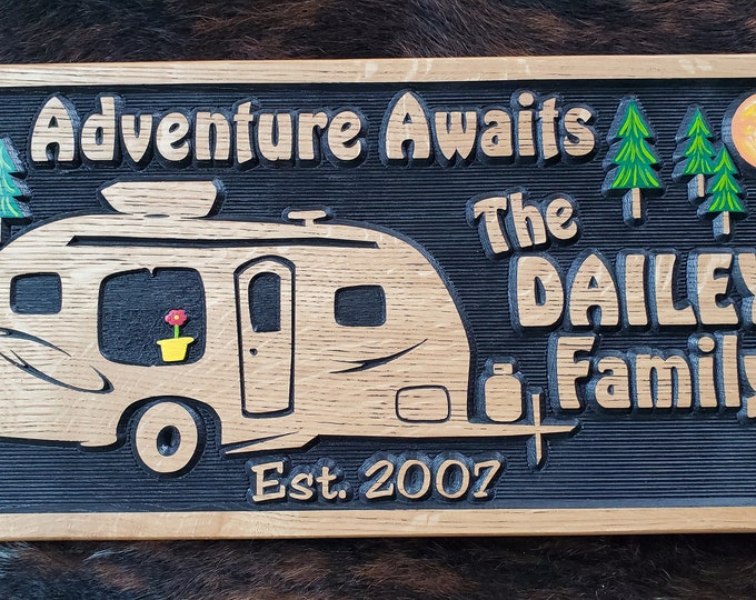 Personalized Bumper Pull Camper Sign - R Pod Camper -Tiny House - Carved Wood Customized Hand painted - Home is Where We Park It