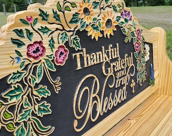 Thankful, Grateful and Truly Blessed Bench - Carved Wood - Country Farmhouse - Rustic Ranch Decor - Hand painted - Original Design